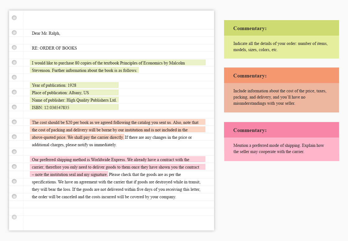 Order Letter. How to write requisites in Agreement.